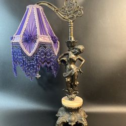 Art Nouveau Victorian Lamp Purple Beaded Fringe Shade Goddess Bridge Arm Marble