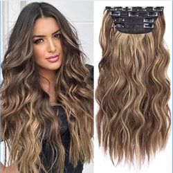4PCS Clip in Hair Extensions Honey Blonde Mixed Light Brown 20 Inch Long Wavy Synthetic Hair Extensions (4pcs, 20Inch,.