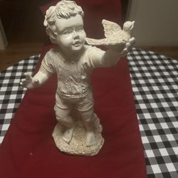 16” Child Holding Bird, Statue, White 