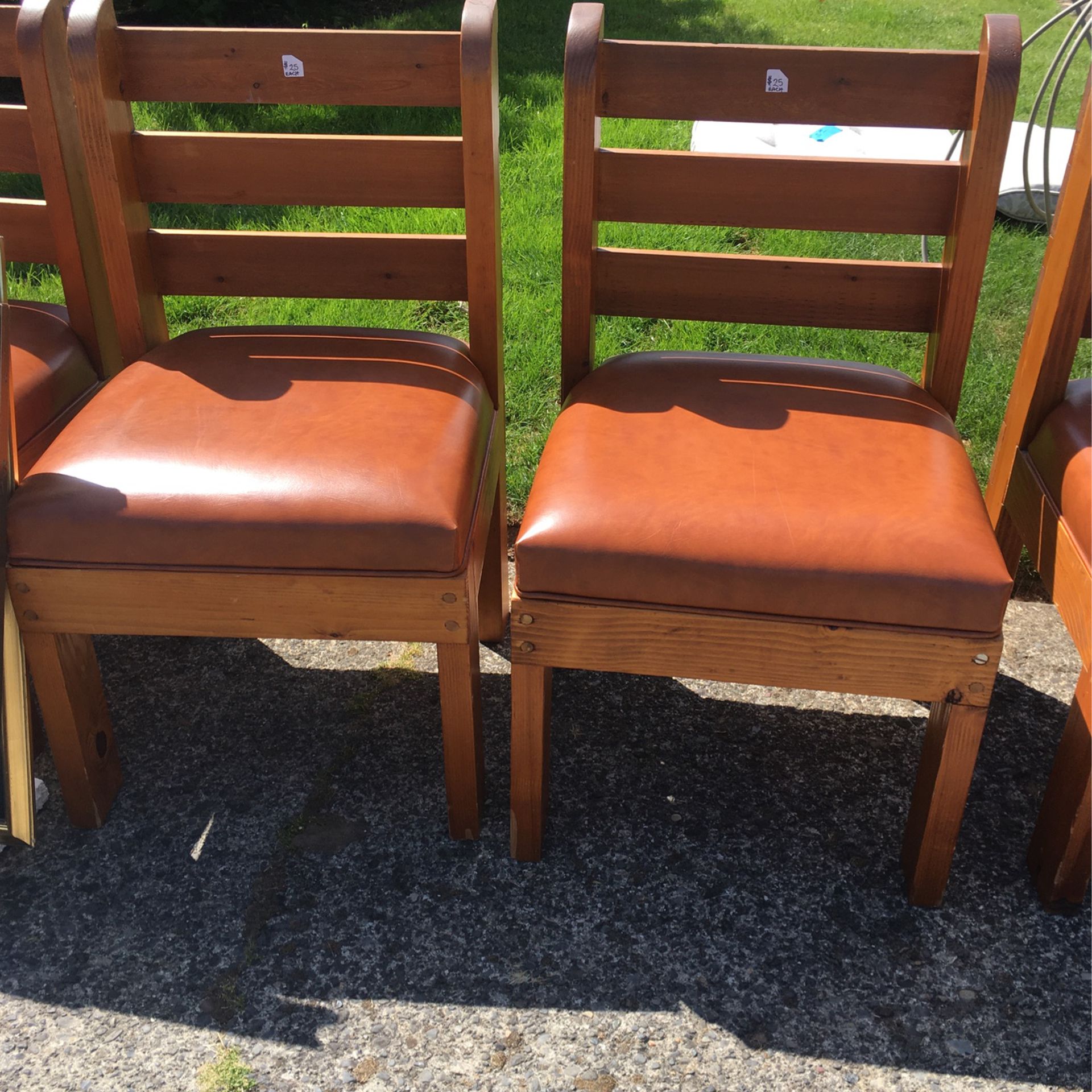 4 Matching Vintage Real Wood And Leather Chairs 