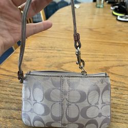 Vintage 80’s Lavender Light Purple Coach Satin Shimmer Monogram C Logo Wristlet Pouch Zip 6 1/2” L Silver Clip-on Strap 