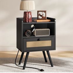 Black Nightstand with Rattan Drawer and Outlet