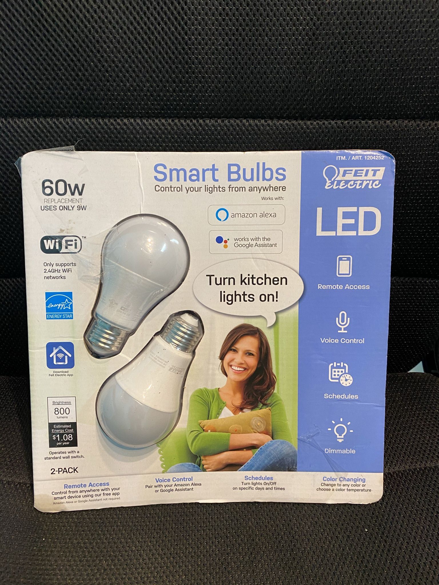 Feit electric smart bulbs 60W. Smart wifi led color changing dimmable 60W white 2 pack. I have 2 set each set have 2 packs