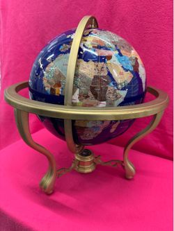 Antique Gemstone Globe with Compass | Handmade Natural Stone Inlay World Map, Shell & Pearl Inlaid,