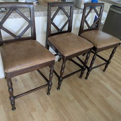 3 CONTEMPORARY WOOD & LEATHER BAR STOOLS / COUNTER CHAIRS