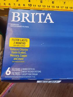 New Brita Standard Replacement Filters 6-pack. Filters last 2 months or 40 gallons. Reduces chlorine, mercury, copper and more. Works with all Brita p