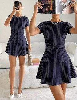 Siren Gaze Casual Navy Blue And White Dress Round Neck Short Sleeve Mini Slim Fit A Line Summer Outfits Commuter Influencer Style Party Office, Dresse
