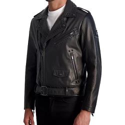 Karl Lagerfeld Men's Slim Fit Studded Leather Asymmetrical Zip Front Biker Jacket