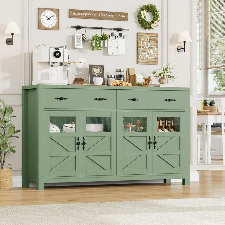 Farmhouse 55.1"W Kitchen Buffet Cabinet with Storage Drawer & Adjustable Shelf, Glass Door Wood Sideboard Credenza Coffee Bar with for Dining Room Liv