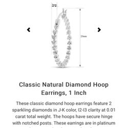  Natural Diamond Hoop Earrings, 1 Inch  These classic diamond hoop earrings feature 2 sparkling diamonds in J-K color, I2-I3 clarity at 0.01 carat tot
