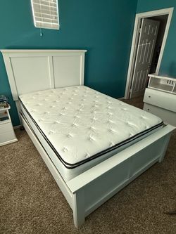 White Queen Bed frame and nightstand