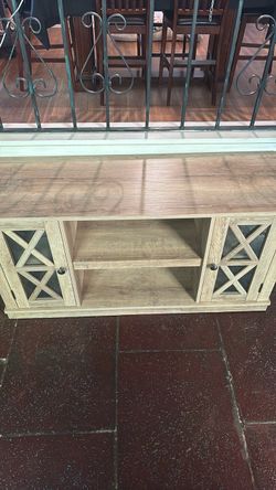 Light Wood TV Stand with Glass Door Cabinets