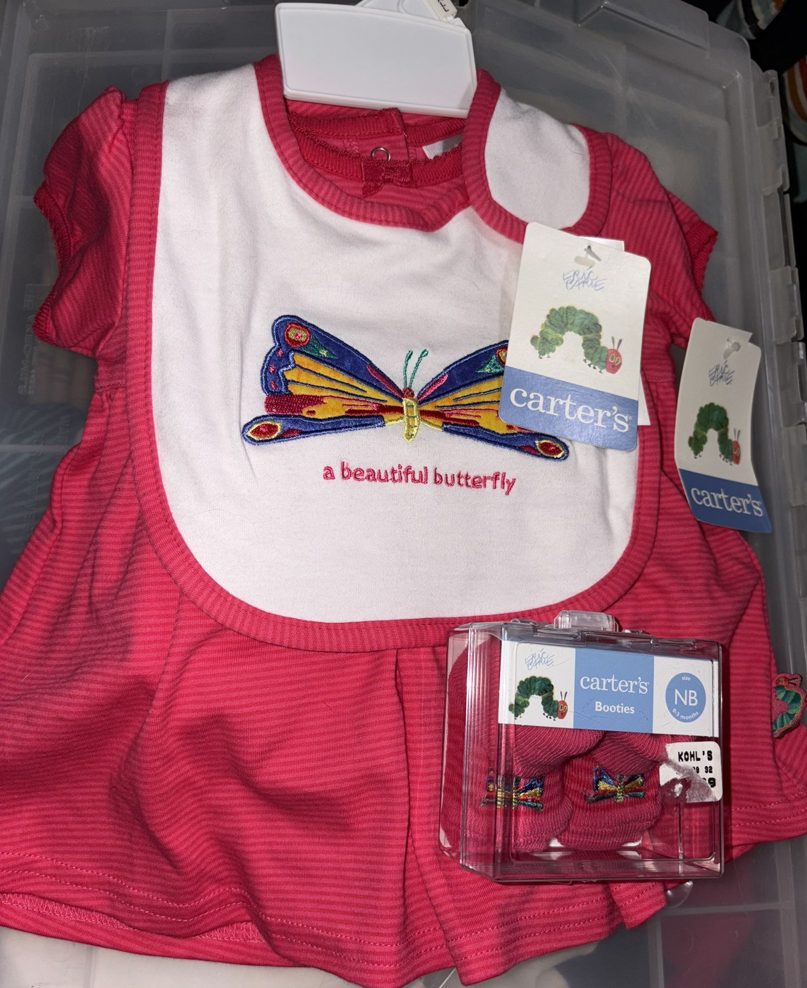 New 0/3m Dress(2pc), Bib And Booties