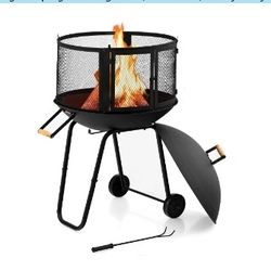 Giantex 28" Portable Fire Pit on Wheels, Rolling Wood Burning Firepit Outdoor Fire Pits for Entertaining Camping with Log Grate