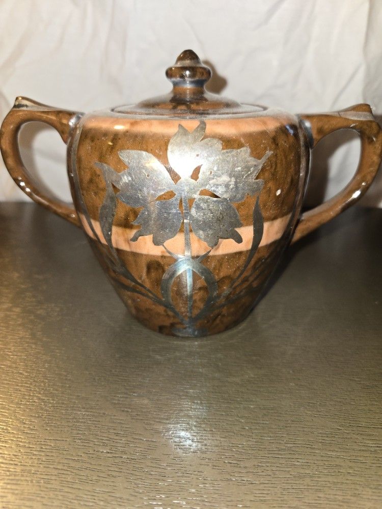 Antique Brown Pottery Sterling Silver Overlay Sugar Bowl 5” Tall Coffee /Tea