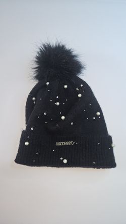 MaddenNYC Knit Beanie Black with Pom Pom Beaded Accents Women's One Size COD0165