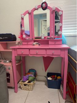 Tiptiper Pink Vanity Desk with Tri-Fold Mirror, 10 Hollywood Lights & Stool