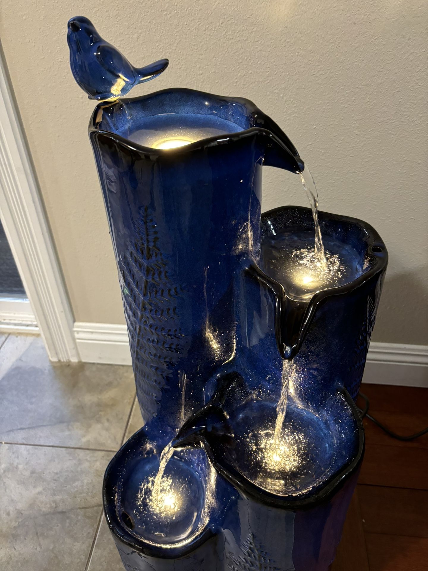 Ceramic Outdoor Water Fountain with LED Lights, 4-Tier Vase Outdoor Fountain, Cobalt Blue Glaze, Embossed Fern Pattern, Cascading Waterfall for Tranqu