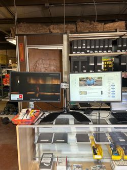 Dual monitor with base and cables included  Display port and VGA ports  24 inch  Nothing wrong. Ideal for your office