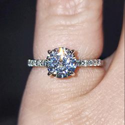 1.36 Carat Solitaire Moissanite 18kt White Gold Plated Sterling Silver Ring.