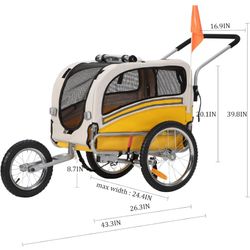 Medium Size Pet Dog Trailer and Jogger 2 in 1 Function with Easy Folding Cart Frame - Yellow