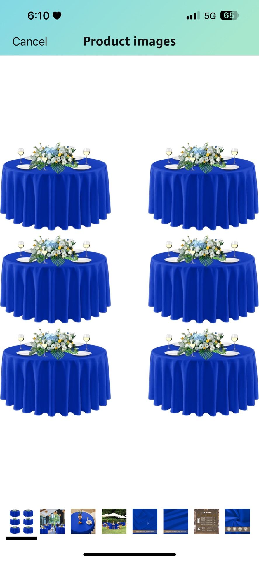 Royal Blue Round Tablecloths 120 Inch, 6 Pack - Circle Fabric Cloth Table Cloths for Independence Day Wedding Party Banquet Birthday, Washable Polyest