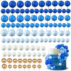 108 Pcs Cake Topper Balls – Assorted Blue/White/Gold Foam Balloons for Cupcakes & Birthday Cakes