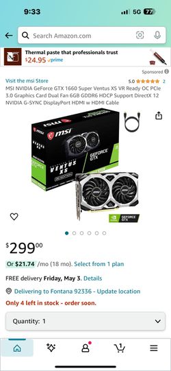 MSI NVIDIA 6GB GeForce GTX 1660 Super Ventus XS