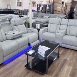 New Gray Genuine Leather Power Reclining Sofa And Love Seat Couch Set With LED Lights, Cup Holders And USB Ports 