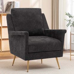 Accent Chair, Modern Living Room Chairs with Gold Metal Legs, Upholstered Arm Chairs with High Back for Bedroom Black