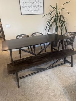 Dark Wood Dining Table with Bench and Chairs