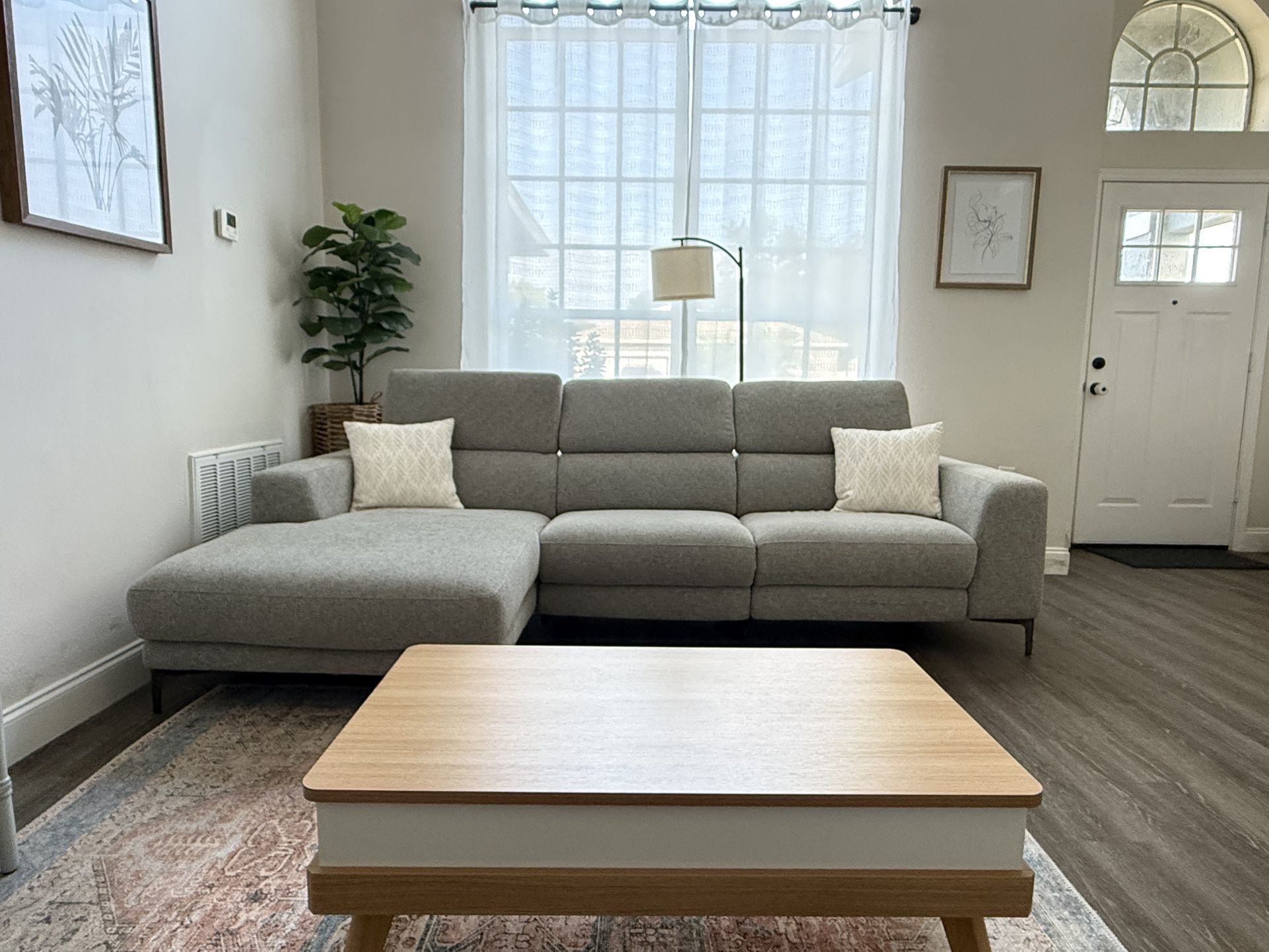 109" Grey Modern Sofa Sectional with Left Arm Facing Chaise, Reclining, Adjustable Headrest & USB Charger