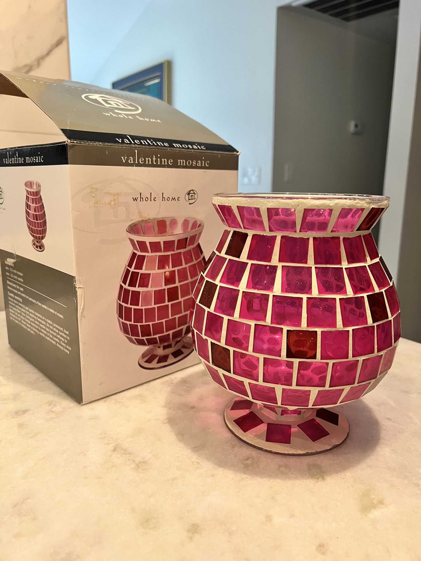 New valentine mosaic candle holder 8”