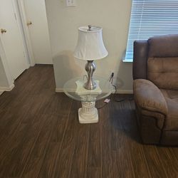 2 STONE BASE End Tables With Glase Tops And 2 Lamps