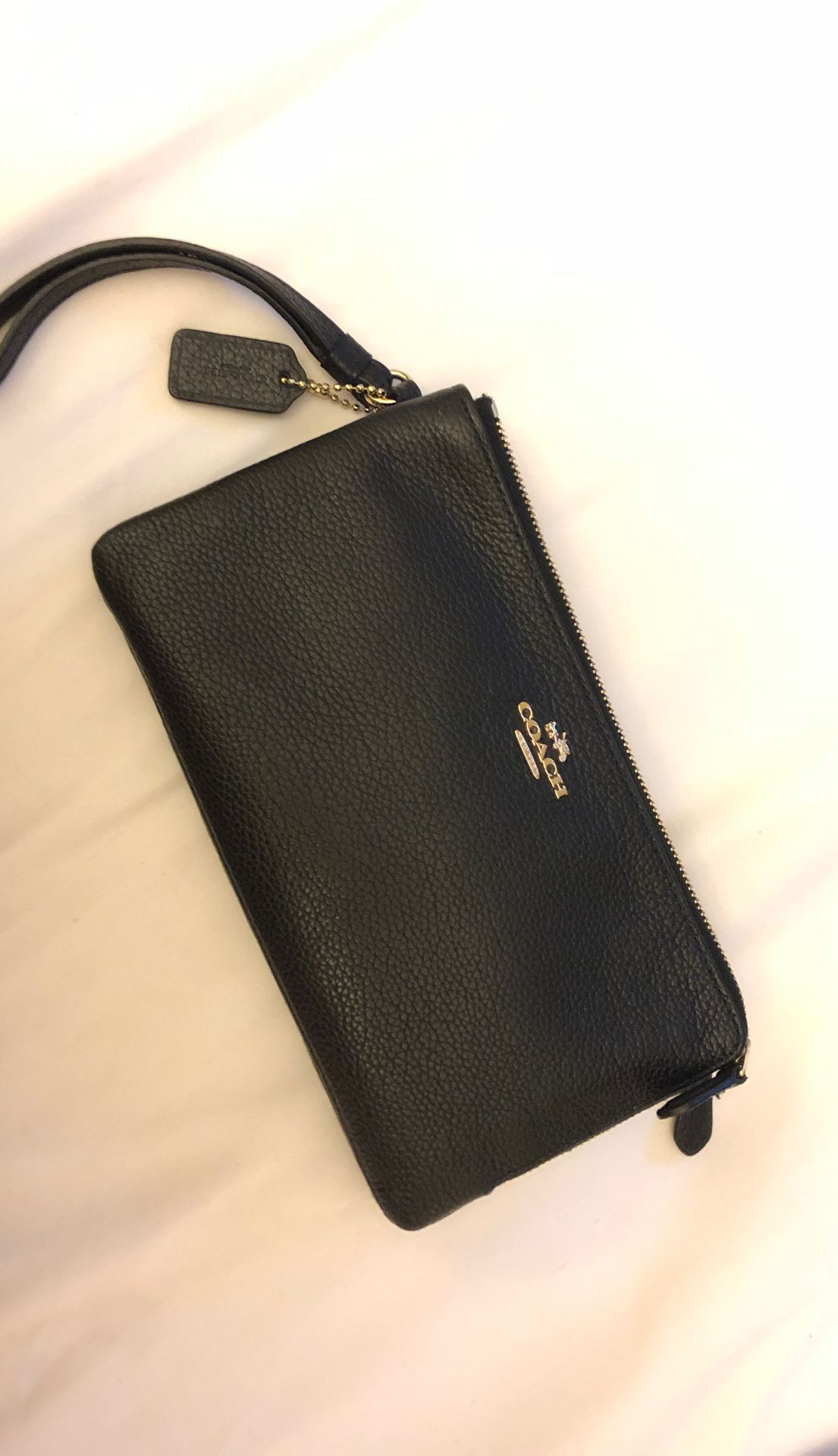 Coach Large Black Wallet Wristlet w/ Gold emblem & multiple zip pockets and 6 credit card slots