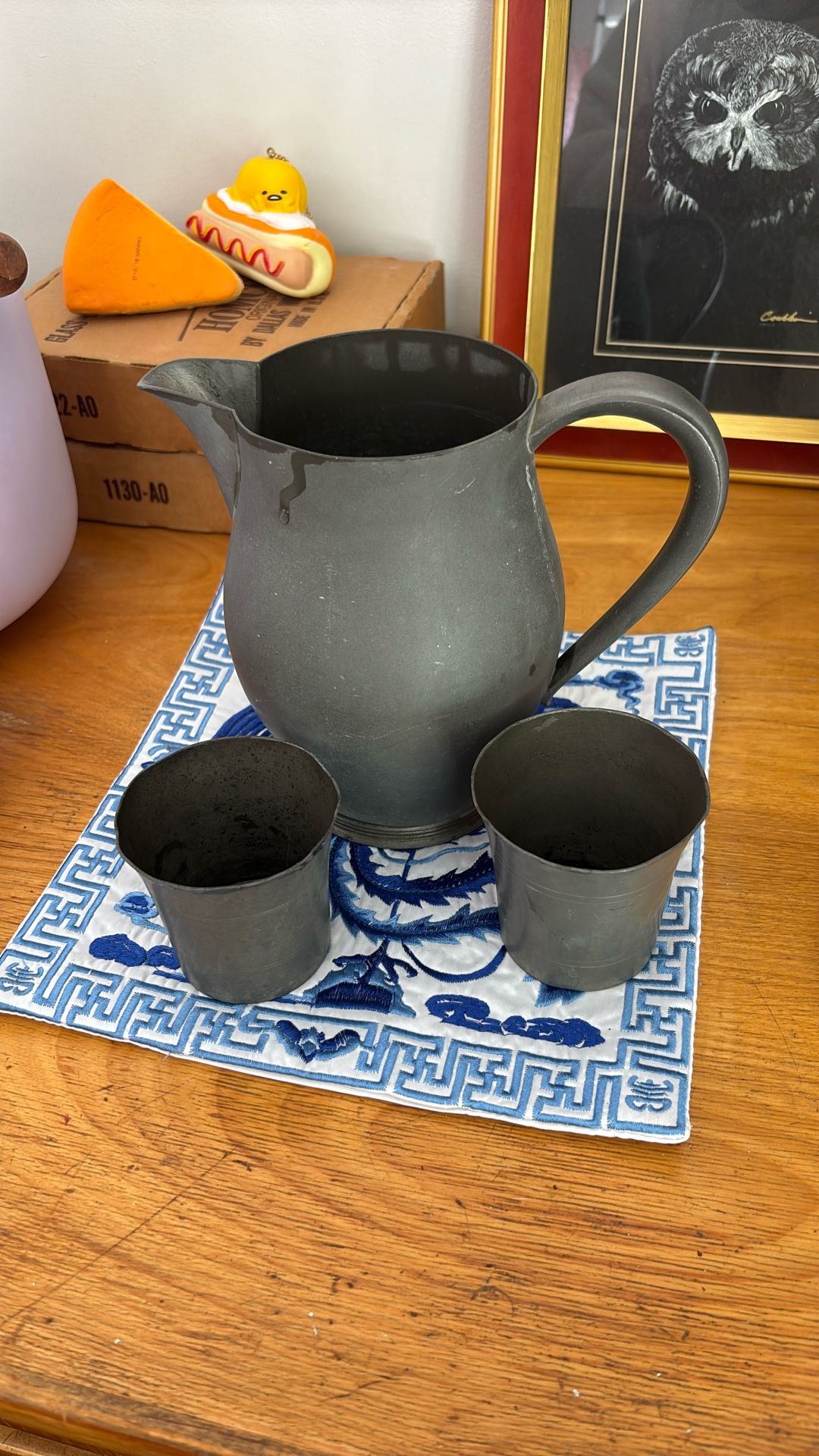 This Antique Vintage Pewter Pitcher 0509 With Cups