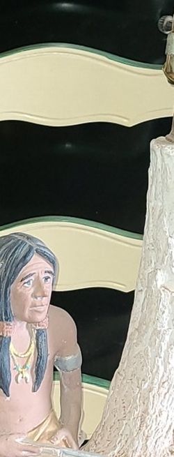 RARE 1982 APSIT BROS LAMP INDIAN HOLDING A GUN SITTING ON TREE WITH GOODS.(Make Me A Offer All Incan Do Is Say Yes Or No)