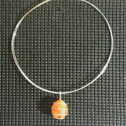Double Banded Silver Choker With Orange Colored  Floating Pendant 