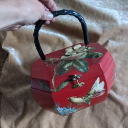 50s Vintage Red Pinup Handpainted Birds Decoupage Box Purse Lucite Handle