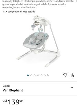 Ingenuity InLighten - Columpio para bebé de 5 velocidades, asiento giratorio para bebé, arnés de seguridad de 5 puntos, sonidos naturales, luces - Van