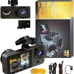 4K+1080P Ultra HD Car Dash Cam with 32GB SD Card - 3-Channel Front/Rear/Interior Camera, Motion Detection, 24H Parking Mode, WDR, G Sensor