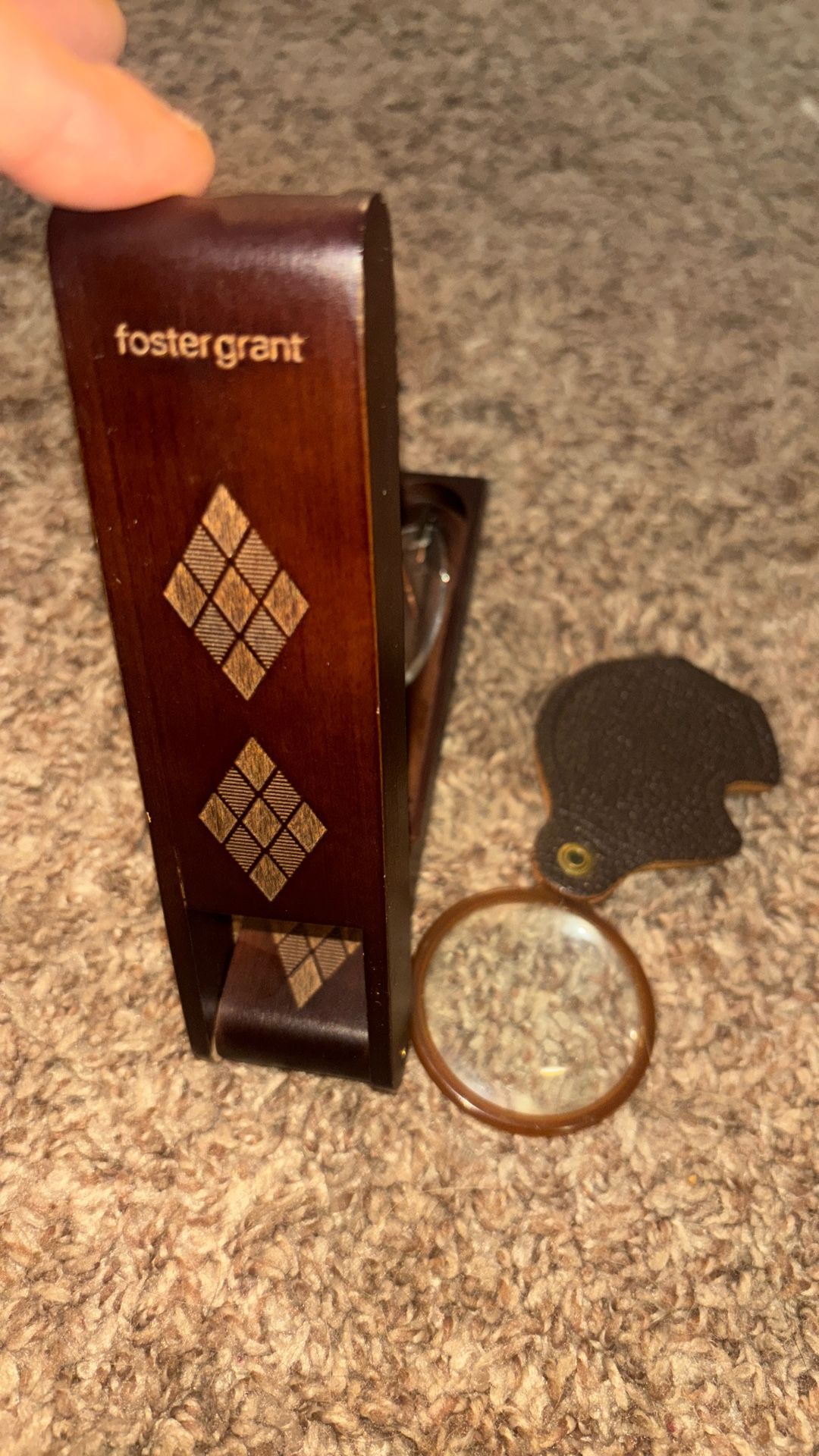 Vintage Foster Grant Beechwood Glasses, With Original Flipstyle Wooden case, As well as a vintage Monocle, With Connected Leather Pouch Attached