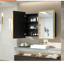 36 in. W x 32 in. H Rectangular Gold Metal Framed Beveled Surface Mount/Recessed Medicine Cabinet (i12)
