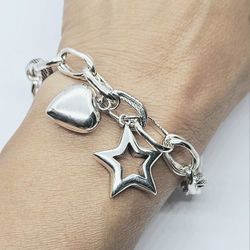 925 Sterling Silver women's ladies heart and star charm bracelet Gift 