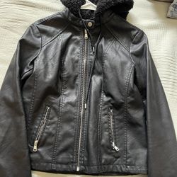 Black Faux Leather Jacket w/ Furry Hoodie - Small