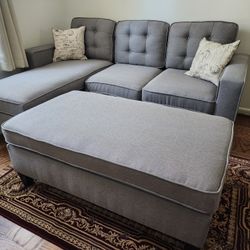 Like New Light Grey Linen Sectional Sofa +Ottoman 