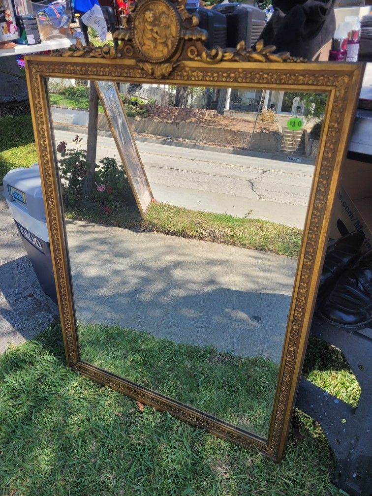 Antique Wood Mirror W/Cheribs