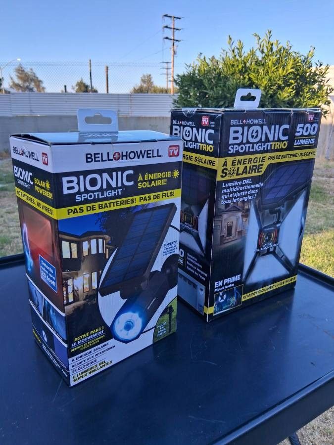selling.. two Bionic Spotlight Trio, Solar Powered, Motion Sensor, new - $45