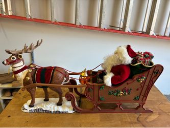 Vintage Animated Musical Santa with Sleigh and Reindeer.