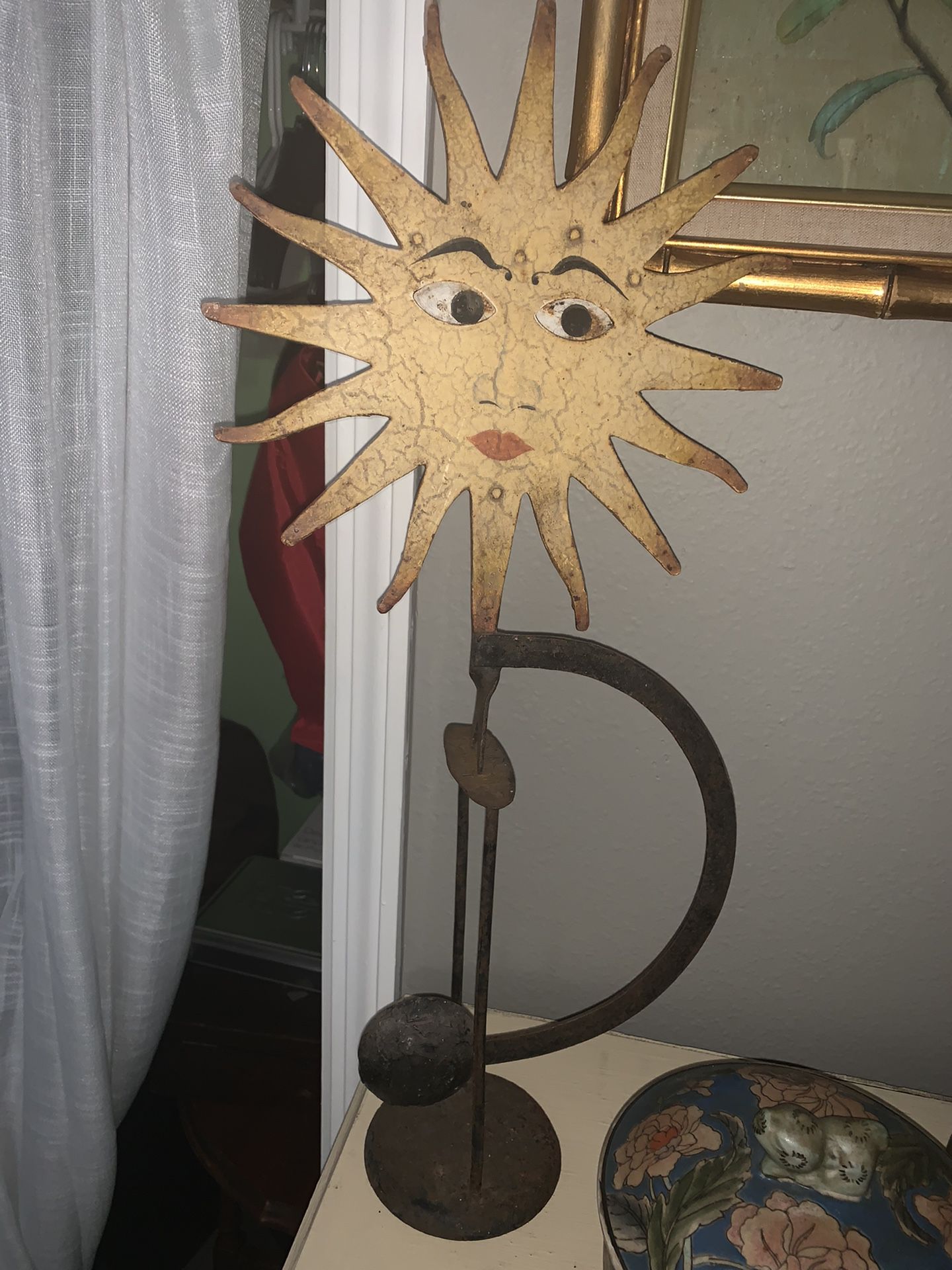 Folk Art Antique Pendulum Balance Rocker Toy Sun w/ Face & Eye Movement